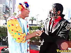 Purplehaired tranny riding up and down on horny clowns dong Riding the Horny Clown`s Dong, t...