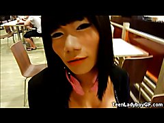Young ladyboy girlfriend licks ice cream in a restaurant then masturbates and cums in the re...