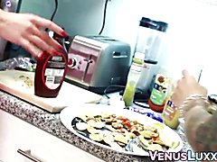 Two mesmerizing tbabes preparing lunch in the kitchen and playing with their dicks before cu...