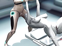 Sci-fi woman android fucks an alien in the surgery room in the space station In the surgery ...
