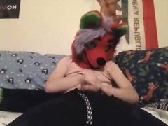 A foxy femboy with a furry fursuit pleasures themselves with a big, hard cock in a steamy so...
